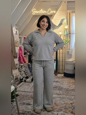 Grey Textured Fabric V-neck Collar Long Sleeve Top and Pants Lounge Set